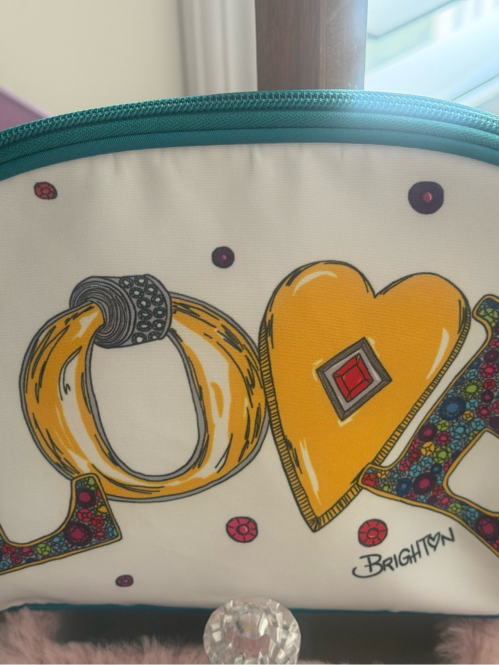 Brighton Teal-Trim Cosmetic Pouch with Yellow Heart Motif